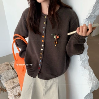 设计感彩扣圆领毛衣开衫女秋冬款软糯韩系纯色百搭针织衫外套E63