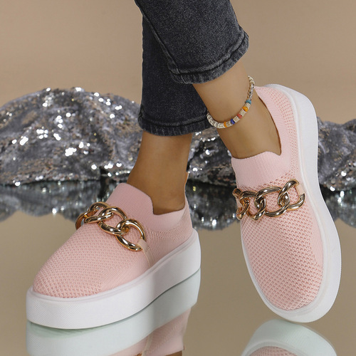 Metal chain wedge thick sole one-piece breathable lightweight mesh women's casual flat shoes for plus sizes