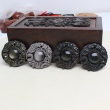 批发天然黑曜石吊坠金曜石银曜石冰彩黑曜石彩曜石双龙护主平安扣