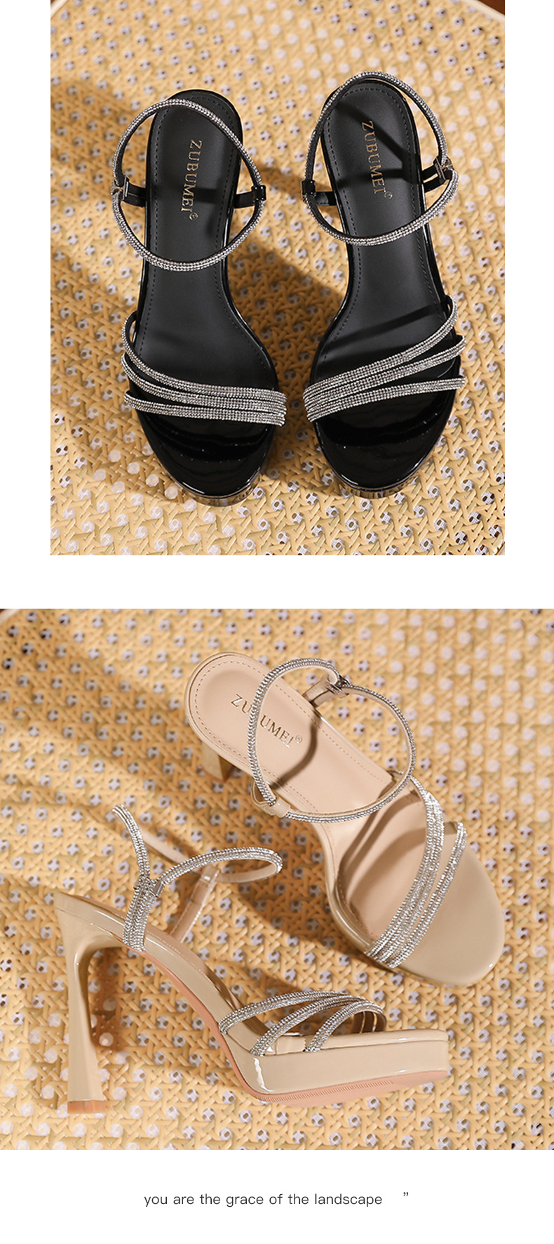 Sandal cao gót nữ mũi tròn hở ngón, đế platform, đính đá lấp lánh — màu đen chi tiết 9