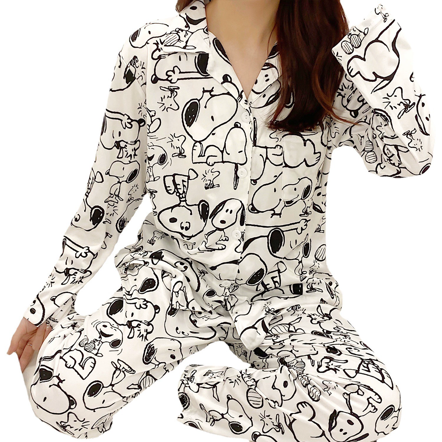 Long‑sleeve pajama cardigan, women’s cartoon print loungewear, relaxed fit, sizes M–XXL