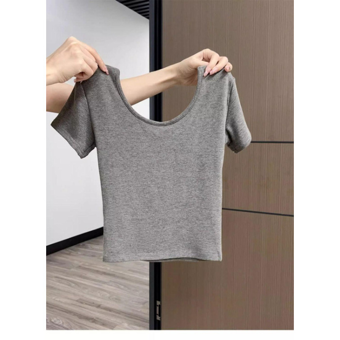 クールシルクコットン新作夏スリムグレーVネック半袖Tシャツ女性若者シンプル通勤韓国風ファッション痩身|undefined