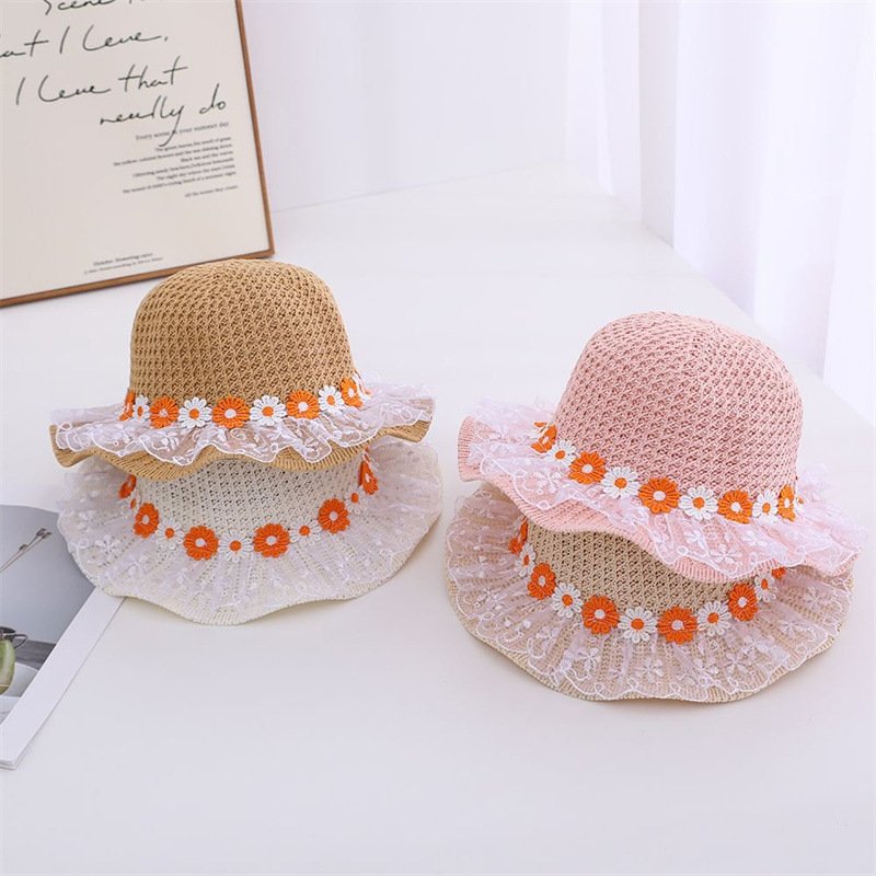 Sombrero de bebé para niños de verano, sombrero para el sol para niñas, sombrero de princesa de margarita de encaje, sombrero de paja de protección solar hueco y transpirable