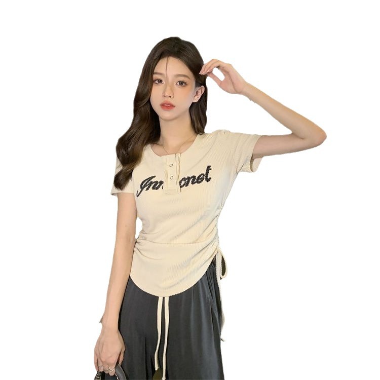 Sommer New Style American Sweet Cool Spicy Girl Kordelzug Kurzarm Abnehmen T-Shirt Ice Silk Weites Bein Lange Hosen_voghion.com