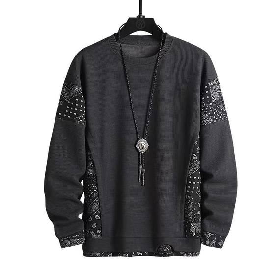 Foreign trade heavy waffle cashew flower ins Japanese fake two-piece round neck sweater men's spring and autumn trendy top wholesale