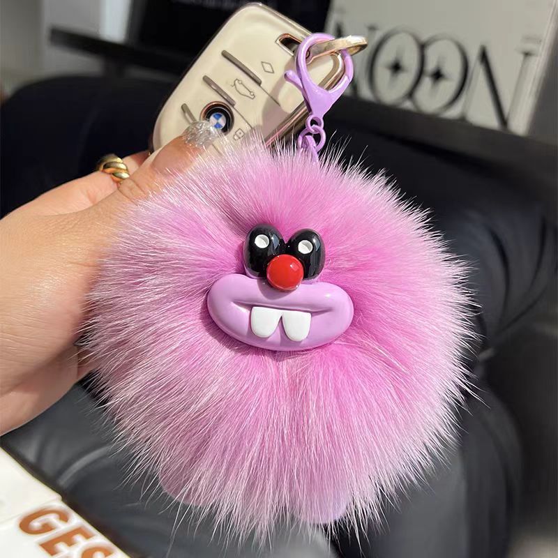 Feo lindo pelo de zorro pequeño carbón bolsas de llaves de automóvil colgantes en red muñeca de peluche rojo bolsas colgantes