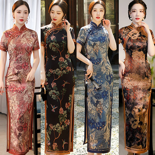 Women floral chinese dress Old Shanghai Suhang oriental retro qipao dress cheongsam photo video shooting catwalk show mother outfit