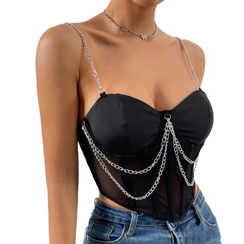 European and American  Summer Street Hot Girl Mesh Perspective Deep V Irregular Steel Ring Fishbone Backless Chain Sling A986