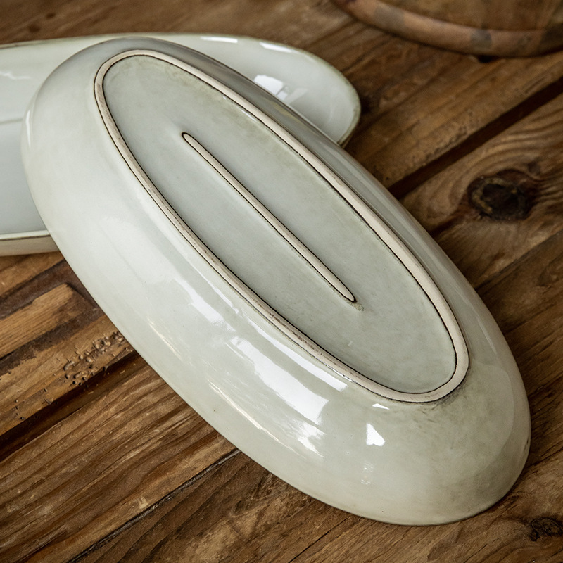 Placa de pescado vintage retro 11 pulgadas horno elíptico placa de pescado al vapor placa de cerámica doméstica placa de material diario exportación transfronteriza