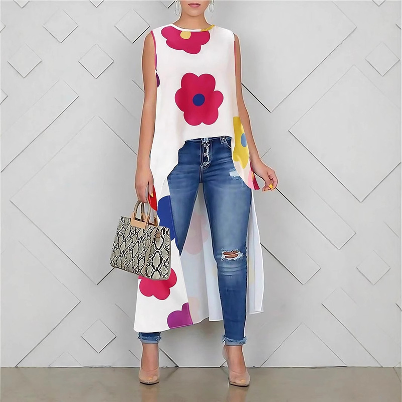 Women's Sleeveless Shirt with Round Neck Pullover and Floral Pattern 3D Digital Printing Shirt with Short Front and Long Back for Women Customized