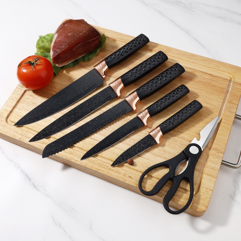 Juego de cuchillos de cocina Juego de cuchillos negros de siete piezas Mango antideslizante Base de cilindro de mármol Juego de cuchillos de chef