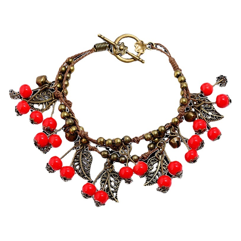 Vintage Mori Style Artistic Fresh Cherry Bracelet Female Ethnic Style Fruits Tassel Ceramic Hand Rope Handmade Accessories