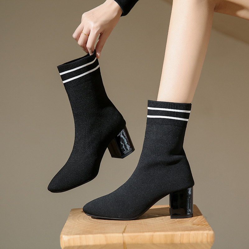Plus-Size Knitted High-Heeled Shoes, Autumn and Winter Fashion Boots 2025, Foreign Trade Autumn Chunky Heel Elastic Mid-Calf Boots for Women, Square Toe