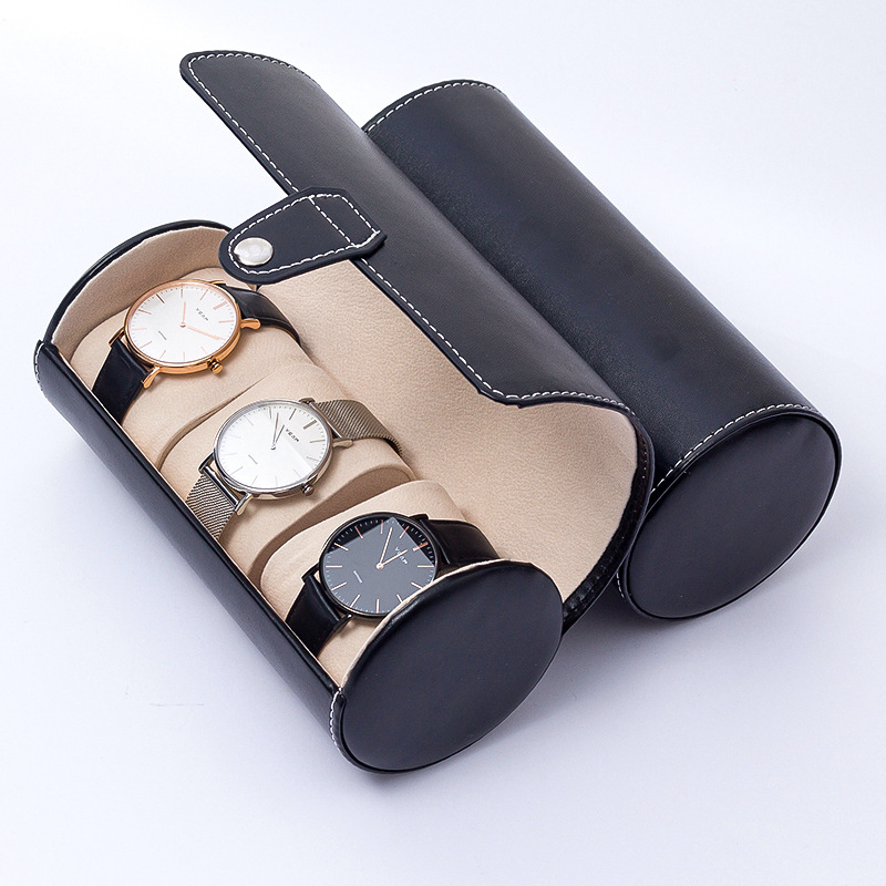 PU leather three cylinder watch box jewelry storage velvet buckle watch storage box factory wholesale