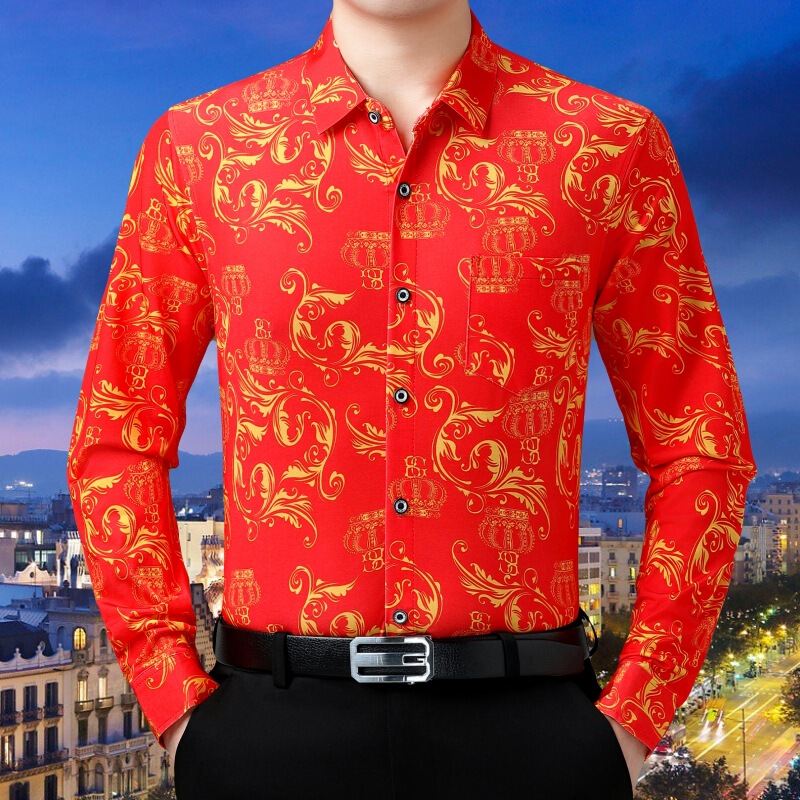 2026 Men's Floral Print Shirt Hong Kong Style Trendy Casual Full-Print Floral Shirt Men's Long-Sleeve Thin Loose Fit