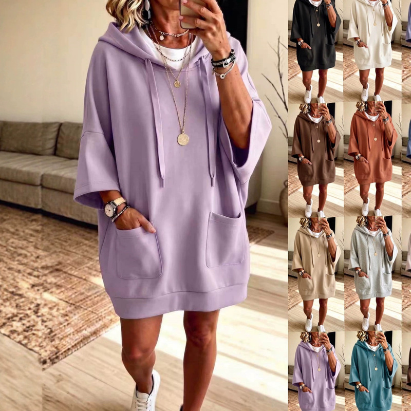 Cross-border foreign trade autumn and winter new women's clothing in stock: comfortable casual hooded solid color long-sleeve sweatshirt dress for women