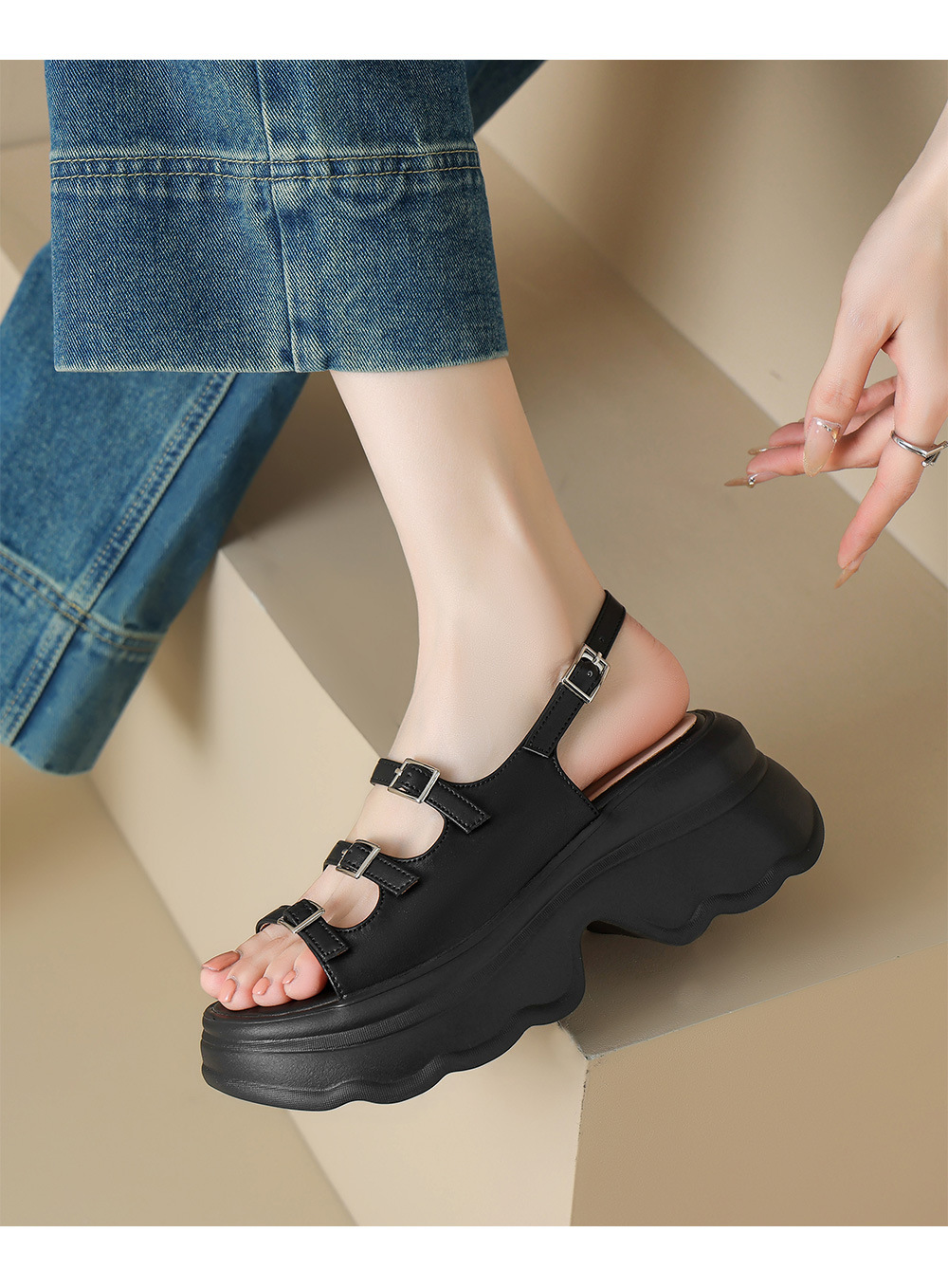 Dép sandal nữ quai ngang hở mũi đế bệt siêu nhẹ phong cách La Mã — đen chi tiết 6