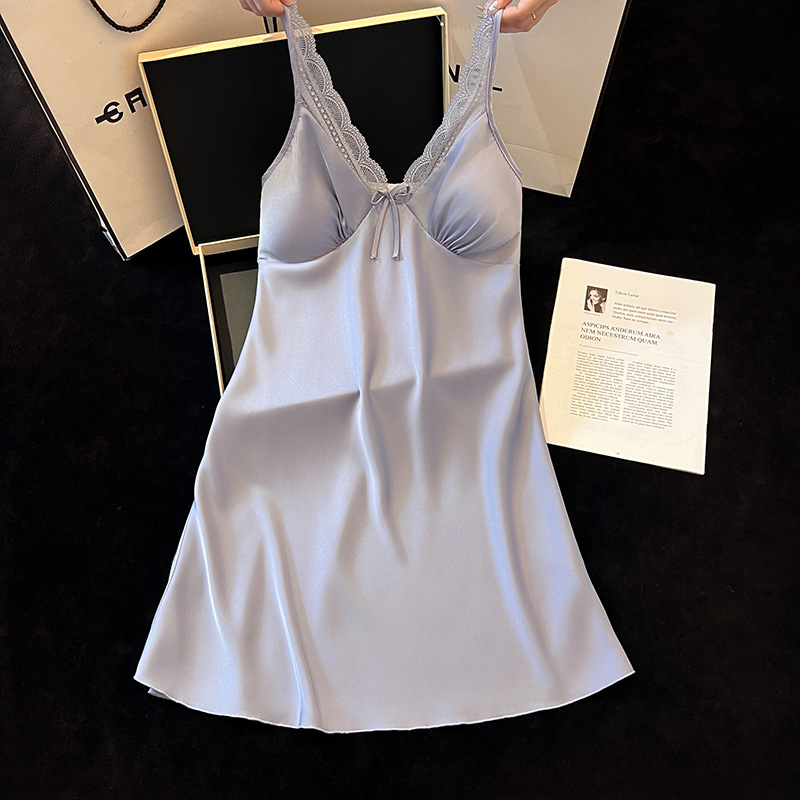 2025 White Moonlight Pajamas Women's Summer Suspender Nightgown Sexy Pure Lust Style Lace Ice and Snow Ribbon Breast Pad Home Clothes