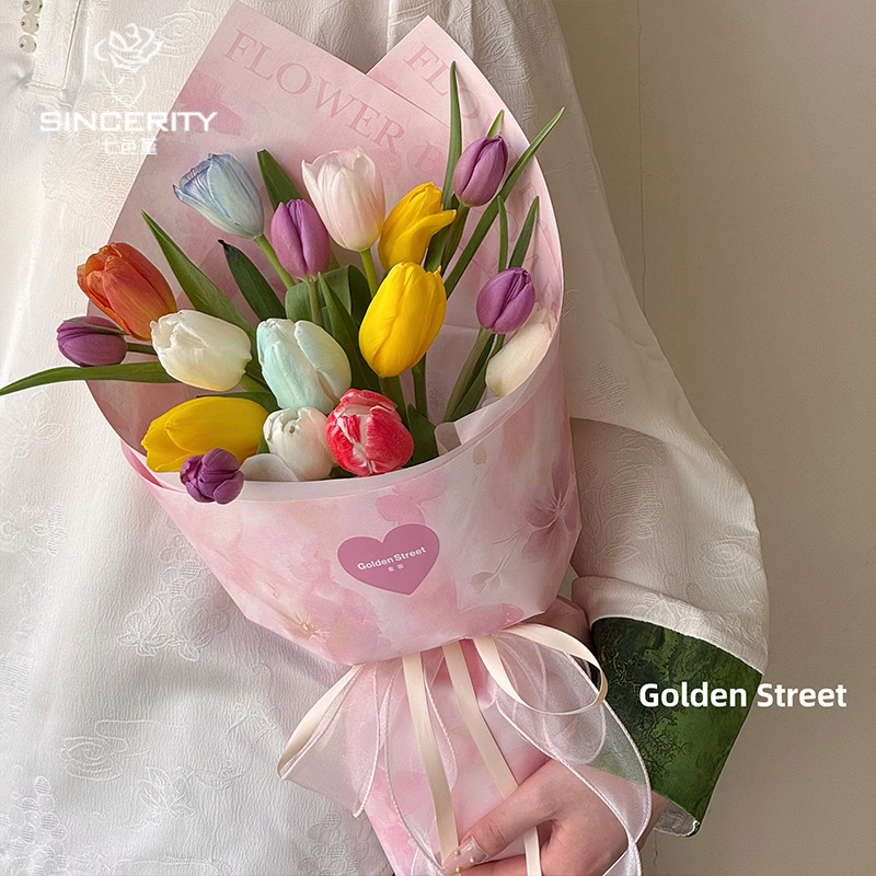 Melocotón de pensamiento de siete colores, impresión feliz, ramo de papel, material de embalaje, papel floral, papel de embalaje de florería de bricolaje