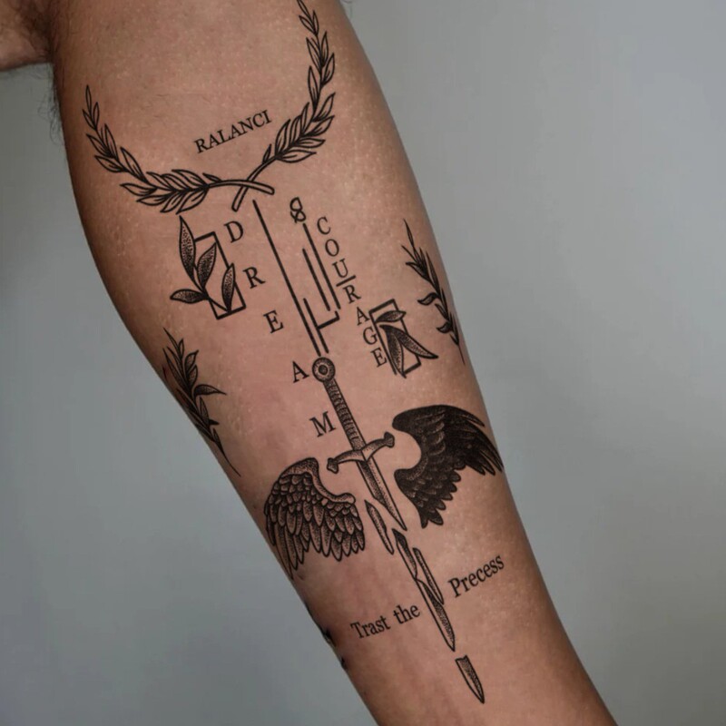Cross-Border Popular Dark-Style European and American Personality Retro Aggressive Sword Wings Willow Geometric English Totem Tattoo Stickers Cross-Border Popular Dark-Style European and American Personality Retro Aggressive Sword Wings Willow Geometric English Totem Tattoo Stickers