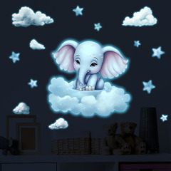 外貿卡通小象雲朵夜光貼紙兒童房臥室家居裝飾牆貼畫自粘批發跨境