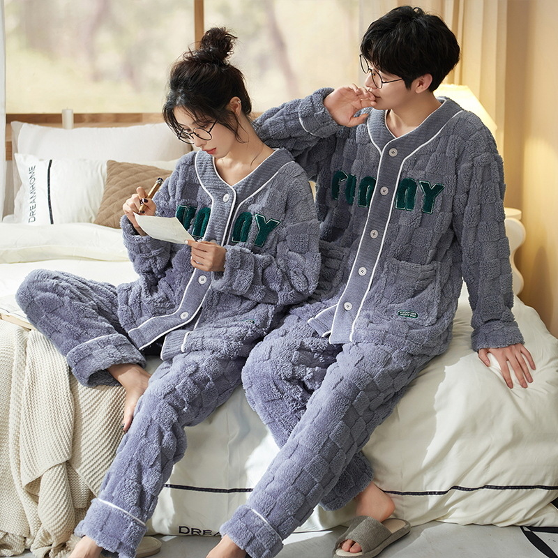 Pareja Pijamas Mujer Otoño e Invierno franela hombres engrosada forro polar lindo dulce ropa de abrigo homewear traje