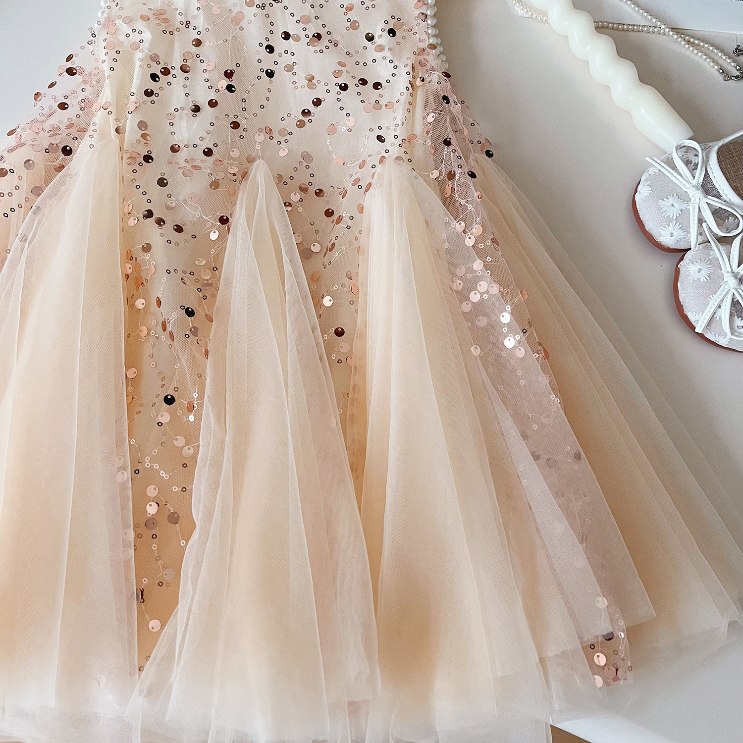 Robe de princesse en maille à paillettes pour filles, nouvelle version coréenne de l'été 2024, sans manches, 24329_voghion.com