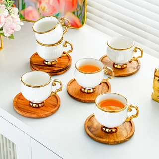 陶瓷浓缩咖啡杯套装欧式简约金边咖啡杯带竹木杯垫杯碟下午茶茶具