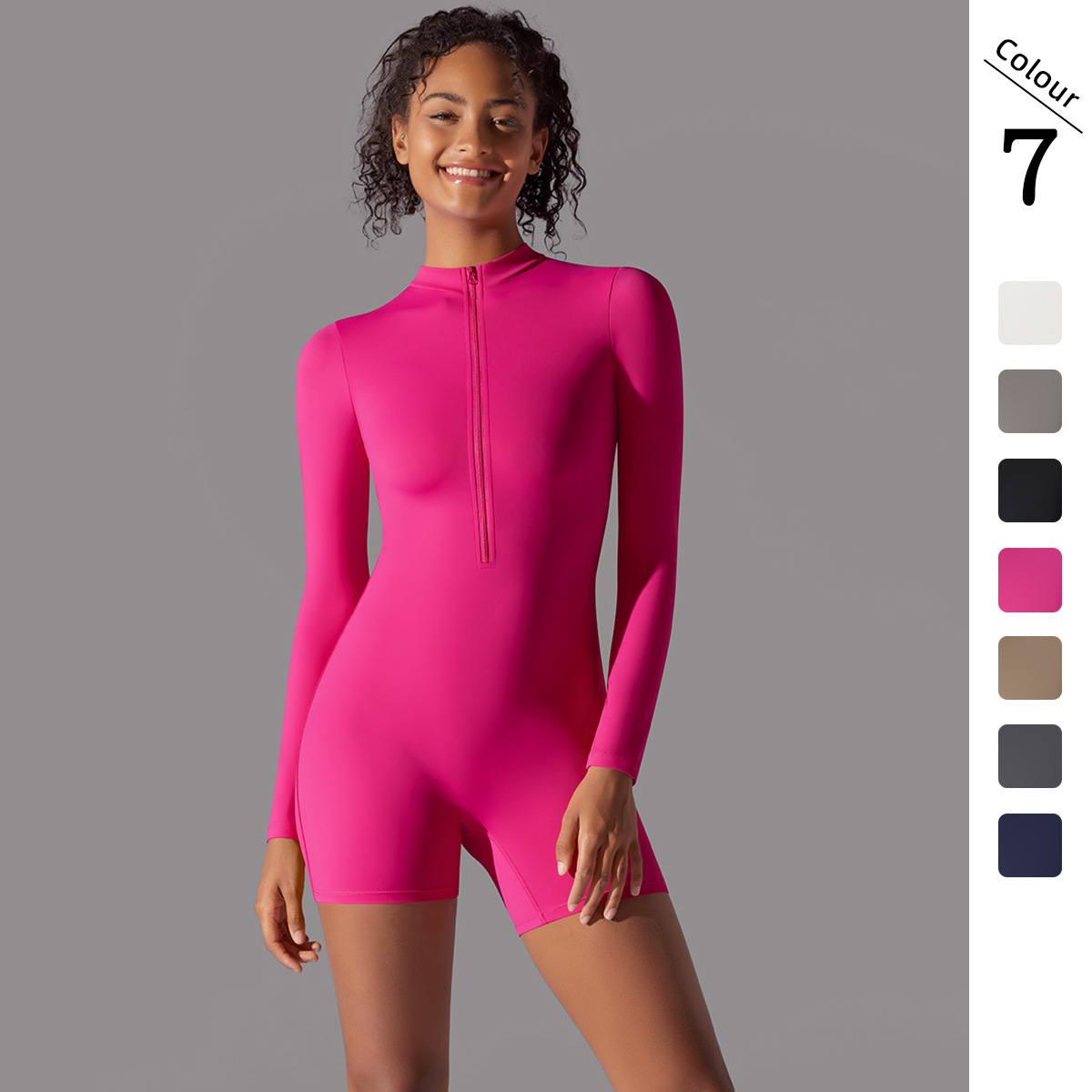 Nuevo color sólido cremallera cuello abierto apretado alto elástico mono deportes fitness correr de tres puntos de una sola pieza pantalones cortos ropa de yoga