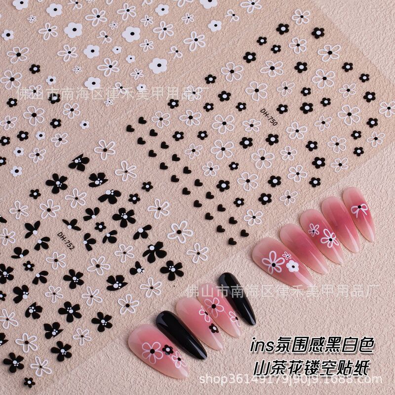 New ins black and white hollow small white flower nail art stickers 2D gentle love camellia henna stickers with adhesive back New ins black and white hollow small white flower nail art stickers 2D gentle love camellia henna stickers with adhesive back