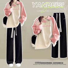 学院风时尚套装女秋春夏新款撞色卫衣阔腿牛仔裤两件套
