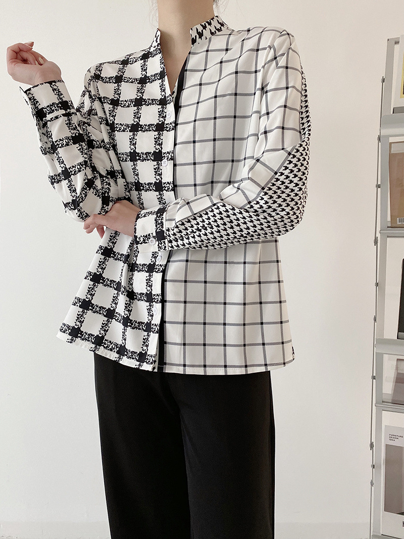 houndstooth print hit color stand-up collar shirt  NSAM49773