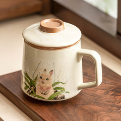 汝窯タンポポ兎泡茶杯茶水分離コップ個人専用陶磁器マグカップ蓋付きギフトボックス