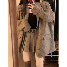 韩系学院风套装格子西装外套复古高腰百褶裙套装女