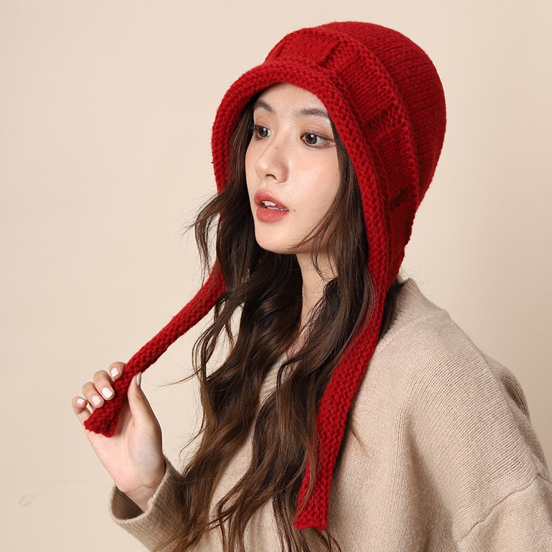 Strap red knitted toe cap for women, autumn and winter warmth ear protection, face enhancement, small woolen hat, big_voghion.com