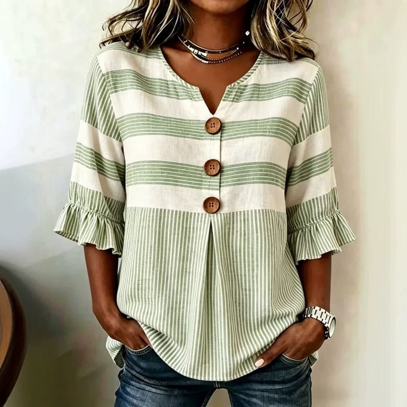 2026 Cross-Border Foreign Trade Women's Lace Sleeve Shirt, Short Sleeve, High-End Casual Loose Versatile Women's Casual Shirt