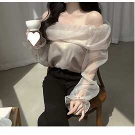 泡泡袖荷叶边露肩衬衫女韩国chic复古透视双层一字肩性感衬衣
