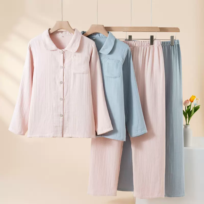 2026年新款全棉四层纱纯色女款秋冬季长袖套装家居服柔软可外穿