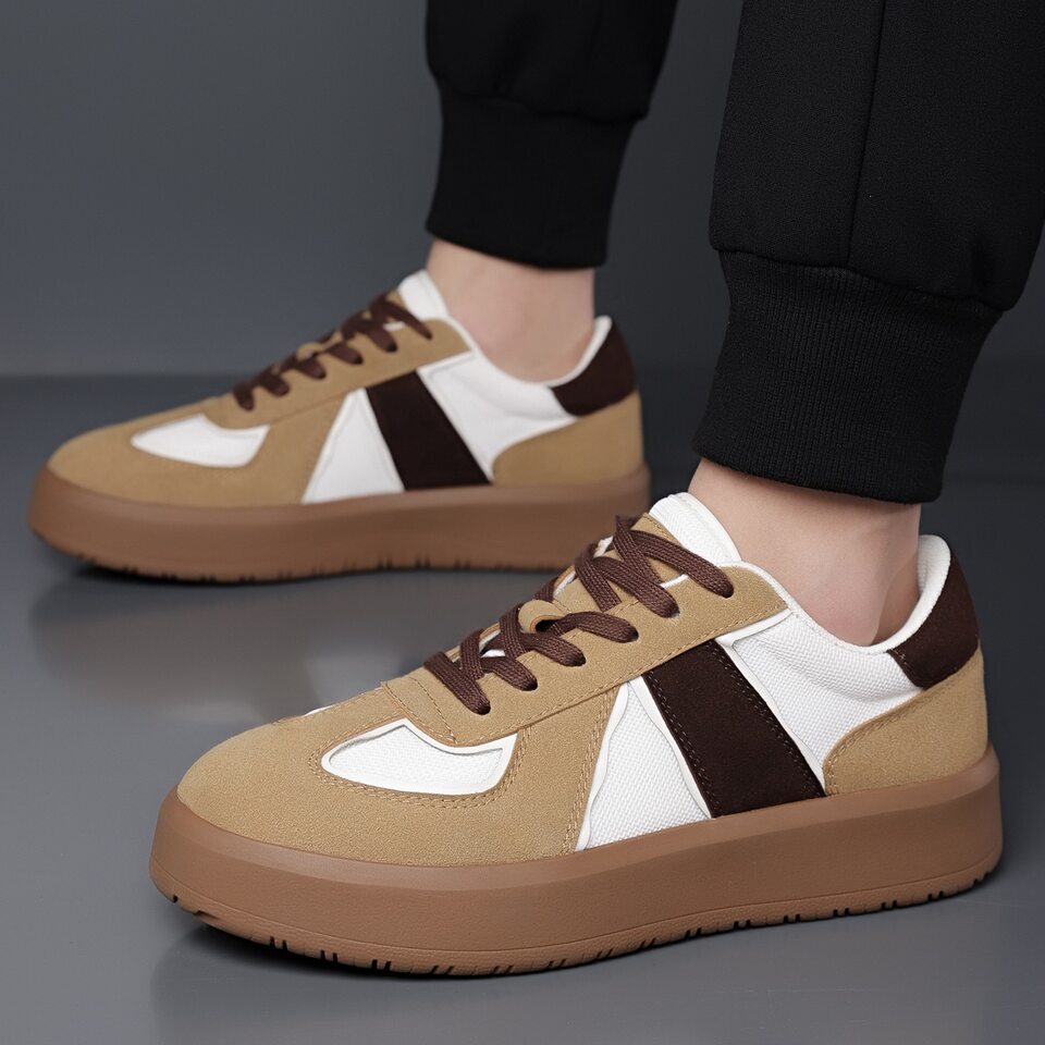 Giày sneaker nam cổ thấp phối màu, mũi tròn, đế cao su, thoáng khí, dây buộc — Màu lạc đà, Màu trắng