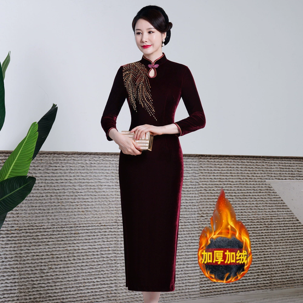 Шэньчжэнь высокого класса Чонсам длинное бархатное Новое весенне-осеннее платье Сплит платье теща поколение волос
