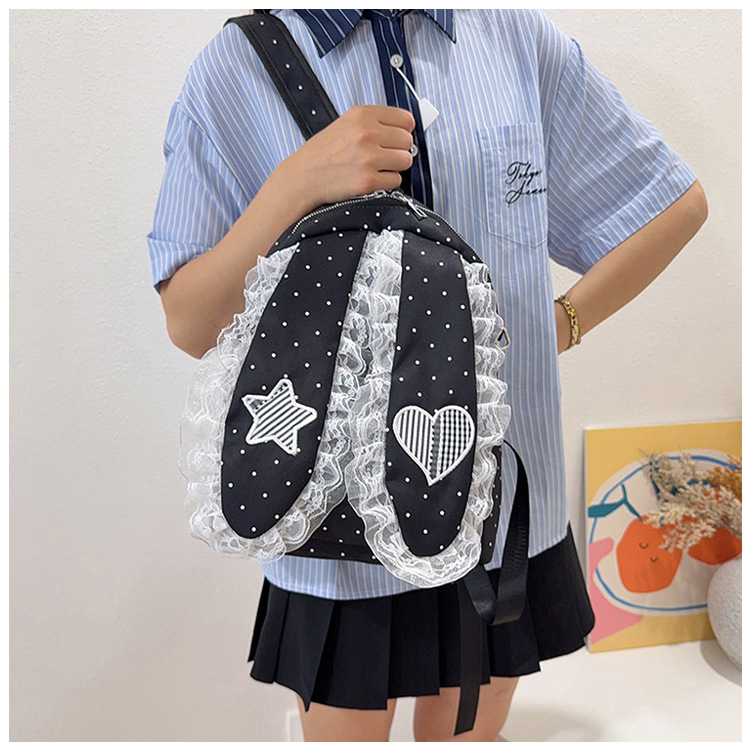 Indigo Smoke Mesh Bunny Ear Student Backpack Japanese Style Cute Girls School Bag High-Value Casual Versatile Travel Shoulder Backpack