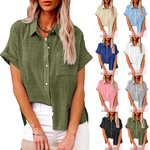 亚马逊wish夏新款欧美跨境女装纯色亚麻衬衫短袖休闲宽松衬衣