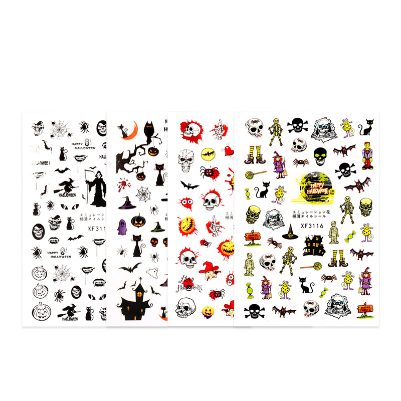 Transfronterizo especial de Halloween pegatinas de uñas traje de calabaza cráneo Transferencia de impresión pegatinas de uñas con adhesivo 12 piezas un conjunto