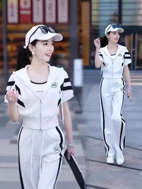 ファッションカジュアルスーツ女性2025年夏の新型ゆるい洋風スポーツウェアのワイドパンツ2点セット|undefined