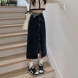 2021秋季新款贴布裙子ins潮设计感时尚高腰直筒牛仔裙半身长裙女