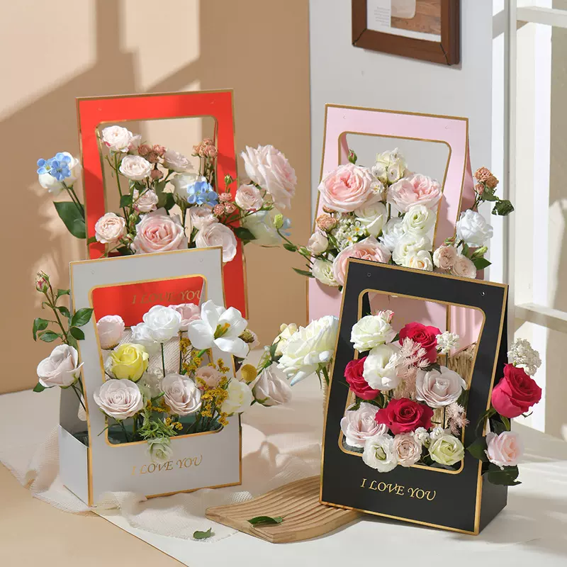 烫金手提花盒镂空情人节手提花篮七夕鲜花手提袋插花盒花束纸盒