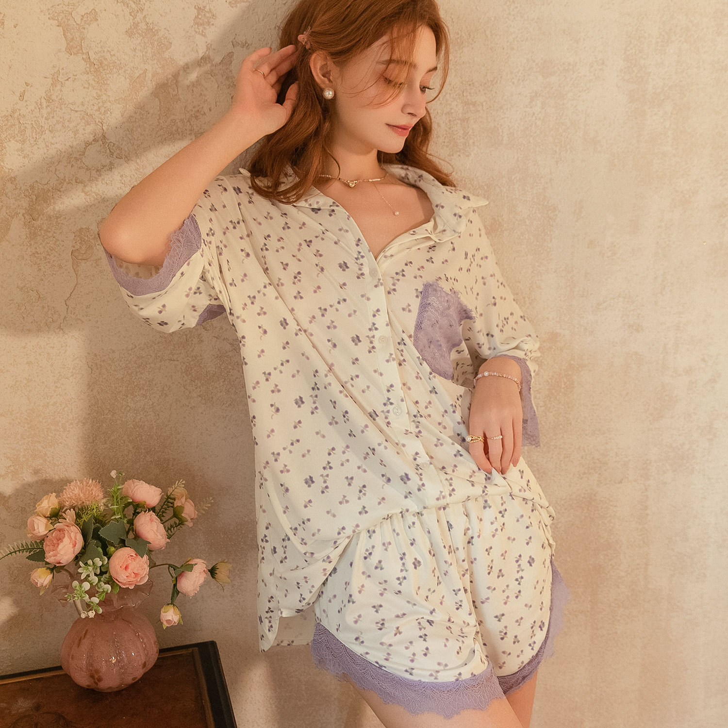 Printed Boyfriend Style Shirt Women's Sexy Pajamas Milk Silk Soft Nightdress Shorts Plus Size Lingerie Mid-Sleeve 9719