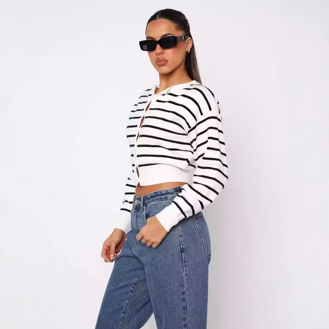Damenbekleidung gestreifter Rundhals-Strickcardigan modischer Freizeitpullover_voghion.com