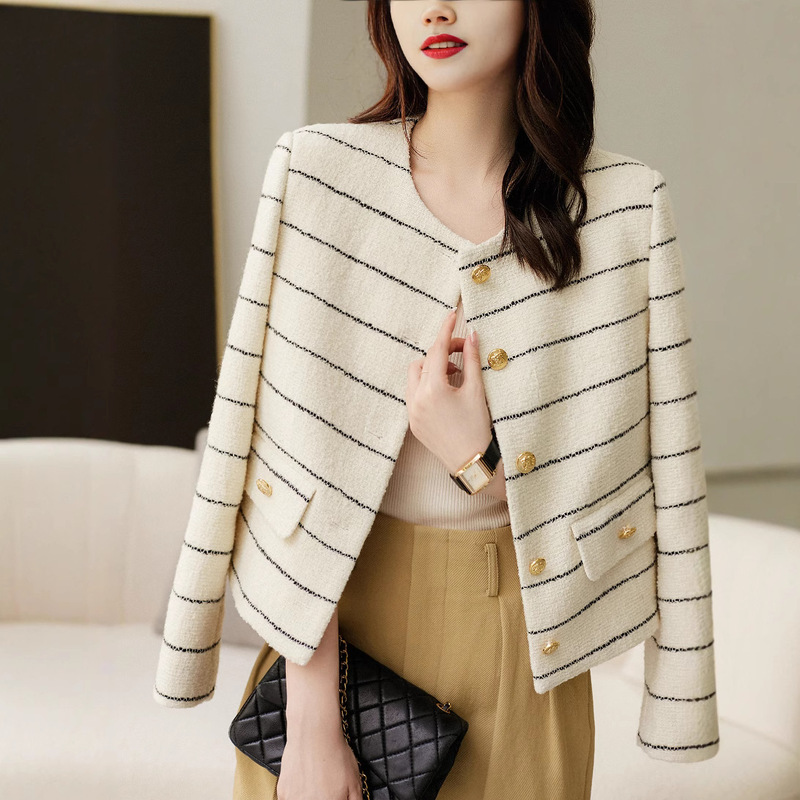 Fall 2022 Chanel style socialite contrast color short top fashionable refreshing striped loose Casual tweed coat for women Fall 2022 Chanel style socialite contrast color short top fashionable refreshing striped loose Casual tweed coat for women