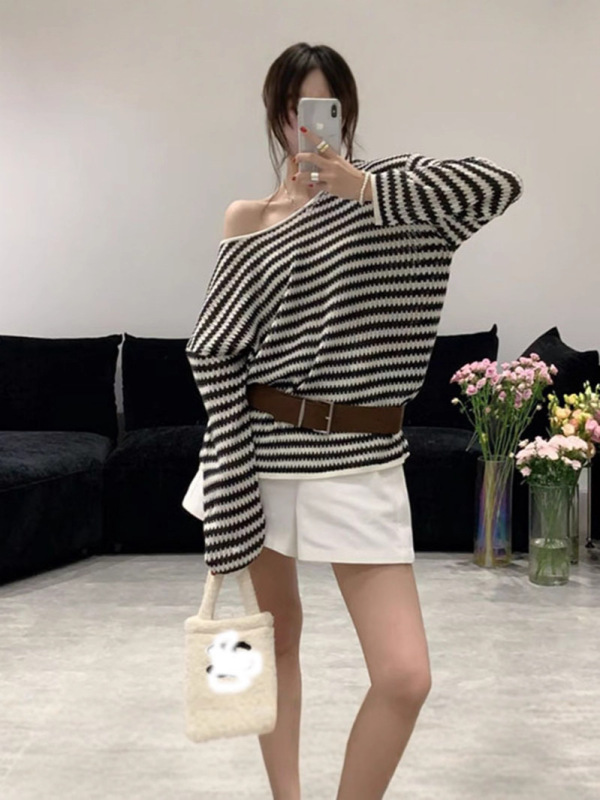 送腰带韩系波浪条纹斜肩长袖薄款针织衫女宽松慵懒风显瘦百搭罩衫|undefined